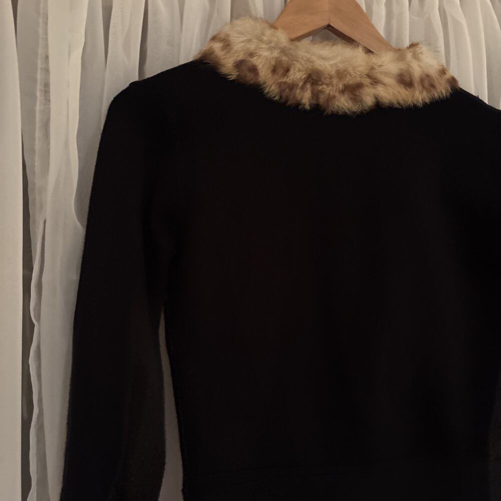 Vintage Cache Black Zip Up Button Sweater Real Fur Collar Women Sz M Silk Blend - Picture 10 of 14